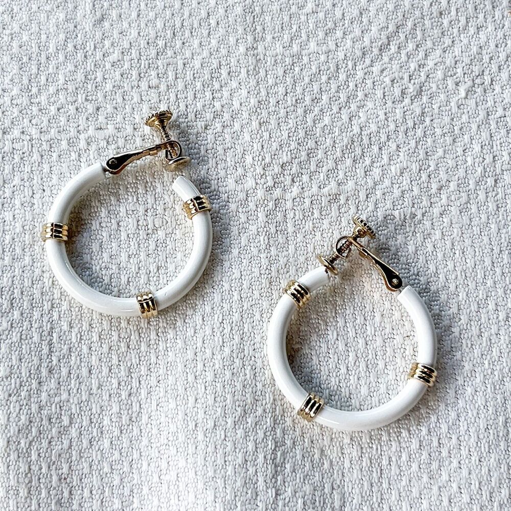Vintage Napier White Enamel Hoop Earrings Clip On Gold Tone Signed